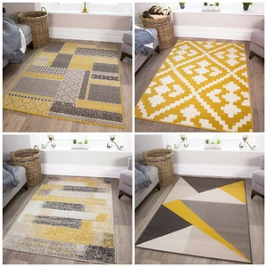 Mustard Ochre Grey Rugs Large Small Fluffy Trellis Geometric Patchwork Area Rug - Zdjęcie 1 z 9