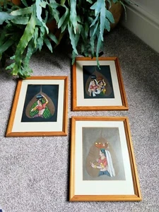 Hand Painted In Oil Indian Art On Pipal Tree Leaf X3 Framed - Picture 1 of 5