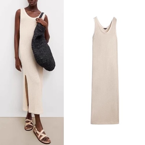 OFF WHITE Abito lungo donna Massimo Dutti gilet spacco vestito francese scollo a V maglia