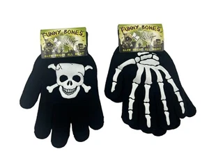 2 Lot Halloween Stretch Gloves Black Skeleton Stretchable Skull Crossbones Glow - Picture 1 of 6