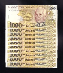 F.C. BRASIL BRAZIL , LOTE 10 BILLETES 1000 CRUZEIROS 1990 , S/C ( UNC ) , P.231b - Picture 1 of 2