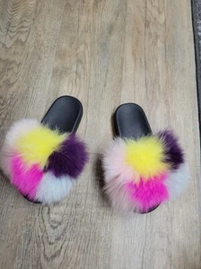 Real Farm Fox Fur Slippers Women's Furry Shoes Plush Fluffy Fur Slides Size 8- 9 - Picture 1 of 5