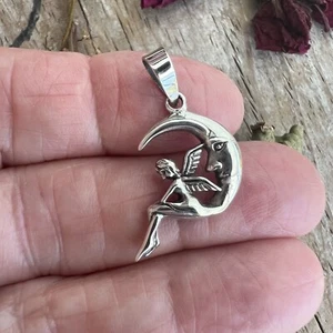 Handcrafted Solid 925 Sterling Silver Fairy Sitting Crescent Moon Charm Pendant - Picture 1 of 12