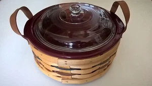 Peterboro Stoneware 12" Casserole W/ Glass Lid Lazy Susan Basket Leather Handles - Picture 1 of 15