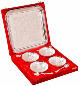 Metal Silver Solid Bowl Set with Tray Best Gift Set100 ml, Pack of 9, Silver - Picture 1 of 4