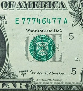 2017 A $1 bill fancy serial number, 7 digit trinary radar 77746477 - Picture 1 of 3
