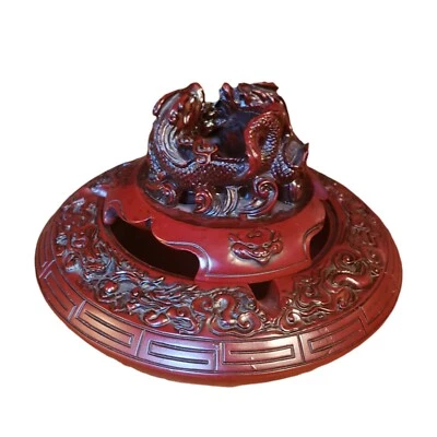 Queimador de insença intrincado vermelho chinês Foo Dog Dragons  - Imagem 1 de 4