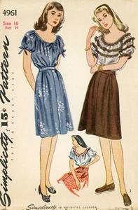 Simplicity 4961 Rockabilly Blouse w Oval Neck, Puff Sleeves & Skirt Sz 16 CUT - Picture 1 of 6