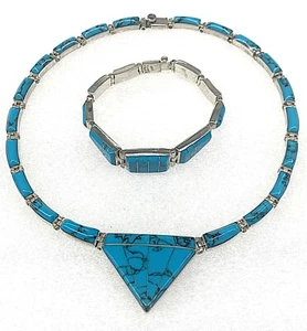 Choker Necklace & Bracelet Set Mexico TN-62 Taxco .950 Silver Inlay Multi Stone - Picture 1 of 13