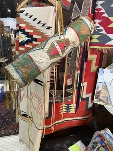 Cilindro parfleche indiano nativi americani contemporaneo design dipinto in pelle grezza - Foto 1 di 11