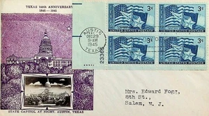 FDC #938-42, 12/29/1945, AUSTIN, CROSBY CACHET w/plate block of 4 - Picture 1 of 2