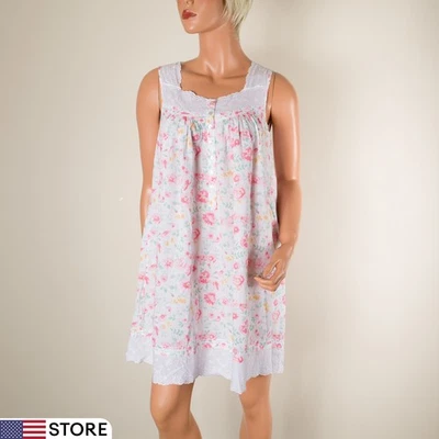 💖 复古 EILEEN WEST 花卉棉睡衣无袖蕾丝草原 XS — 第 1/4 张图片