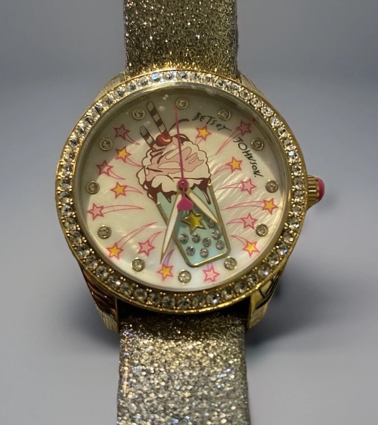 RARE BetseyJohnson Milkshake/Rhinestone Watch w/SilverGlitter Band Needs Battery - Image 1 of 4