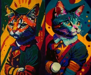Set of two miniature acrylic paintings portrait of a cats in a suit, handmade - Picture 1 of 3
