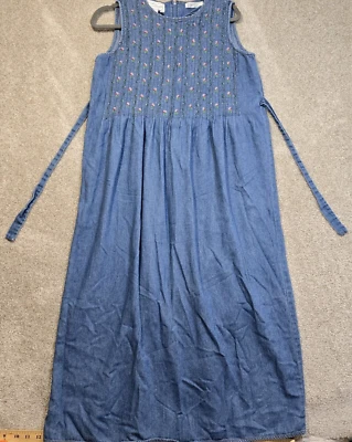 Karin Stevens Cotton Denim Dress Embroidered Sleeveless Long Maxi Women's 14 - Image 1 of 4