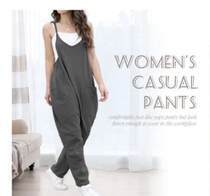 Woman’s casual sleeveless adjustable straps, loose solid jumpsuit baggie,stretch - Picture 1 of 3