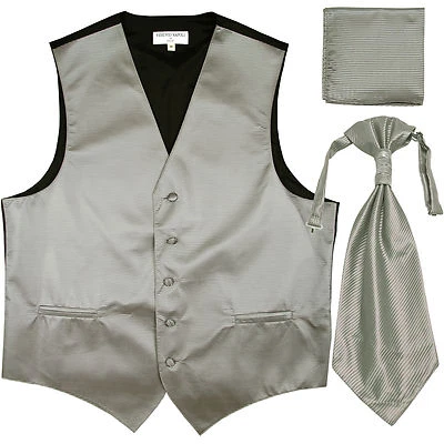 New Men's Horizontal Stripes Tuxedo Vest Waistcoat & Ascot Set Gray silver prom - Image 1 of 3