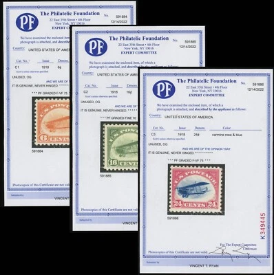 USA #C1-C3 Curtiss Jenny Airmail Postage Stamps PF Cert 1918 Mint NH F-VF - Image 1 of 4