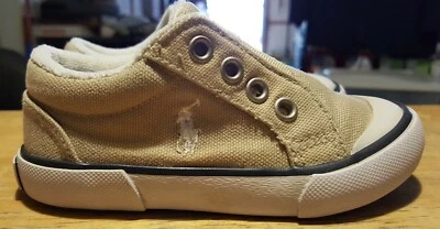 Tênis Ralph Lauren infantil bronzeado tamanho 7 cadarços elásticos de lona (euro 23,5) - Imagem 1 de 4