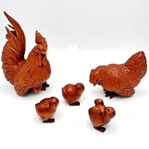 Set statuine gallo gallina e 3 pulcini in legno vintage intagliate a mano firmate Giappone - Foto 1 di 19