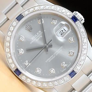 ROLEX MENS OYSTER PERPETUAL DATE 34MM 15200 GRAY DIAL DIAMOND SAPPHIRE SS WATCH - Picture 1 of 9