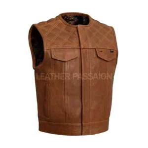 Men Whiskey Brown Leather Vest Motorcycle Genuine Cowhide Biker Style Waistcoat - Picture 1 of 6