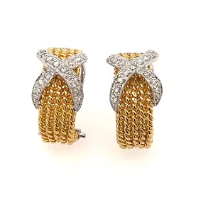 Orecchini in oro giallo 18 kt con diamanti "X" cavo Omega clip posteriore 8,4 grammi - Foto 1 di 4