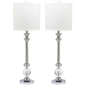 Set of 2 White Shade Candlestick Buffet Table Lamps ~ Chrome and Crystal ~ 31" H