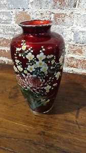 Hermoso jarrón de flores japonés rojo cloisonné de 12" vintage - Imagen 1 de 8