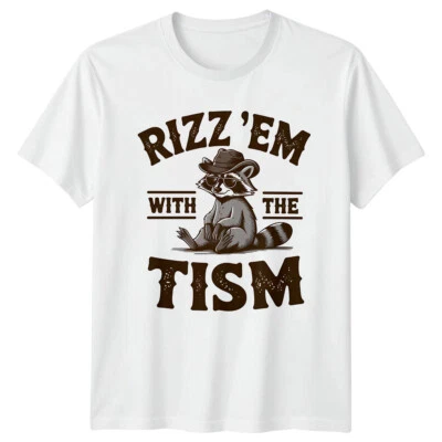 GOFASHIONDIRECT Rizz'Em With The Tism Raccoon Cowboy Funny Pun Adult T-Shirt