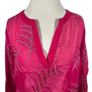 Sharon Young Bluse fuchsia rosa halbtransparent bestickt Blätter relaxed Gr. L - Bild 1 von 10