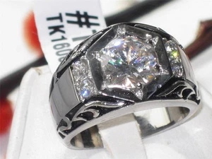 Mens silver ring signet pinky solitaire simulated diamonds steel - Picture 1 of 5