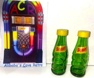 Vintage Squirt Soda Pop Green 4 1/2" Glass Bottle Salt and Pepper Shakers - Picture 1 of 3