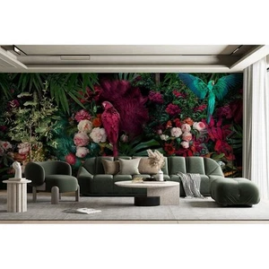 GK Wall Design Colorful Parrot and Peony Flower Wallpaper Pink H:98" x W:150" - Picture 1 of 4