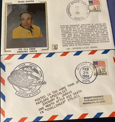 CHALLENGER STS-51-L DISASTER : TWO GREGORY JARVIS  SPACE COVERS AS PICTURED 1986 - Image 1 of 4