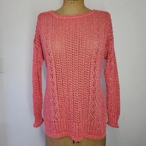 Chico's Size M/L Crochet Summer Sweater Pink Coral Shimmer Cable Loose Knit - Picture 1 of 9