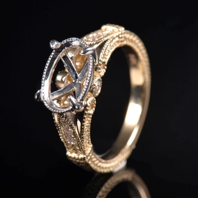 Milgrain Natural Diamond Oval Cut 10×7mm Semi Mount Ring 14K 2-Tone Gold Setting - Image 1 of 4