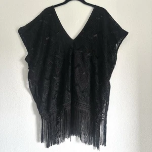 Victoria’s Secret Black Lace Swim Coverup Women Size XS V Neck Fringe Hem - Picture 1 of 12