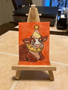 ACEO Original Gemälde 2,5 x 3,5 Mini Kunstkarte Clown Kuh 6 - Bild 1 von 1
