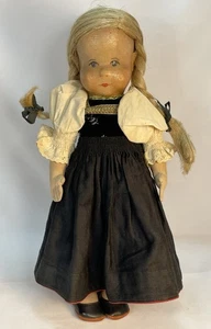 Vintage Cloth Girl Doll German/Swiss Hand Painted Blonde Braids Orig Outfit 14" - Picture 1 of 6
