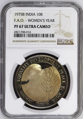 India 1975 (B) 10 Rupees F.O.A Women's Year PROOF NGC Graded PF 67 ULTRA CAMEO - Image 1 of 4