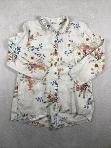 John Mark Linen Tunic Top Women's Medium Beige Floral Roll Tab 3/4 Sleeve - Picture 1 of 9