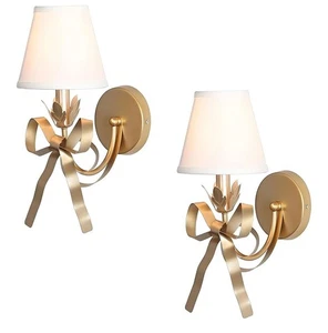 Modern Wall Bow Sconce Light Pair - Brass Tone - Fabric Shade - Picture 1 of 3
