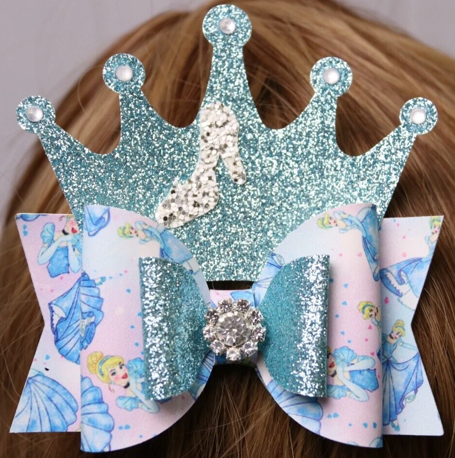 Blue Glitter Crown Cinderella Hairbow BOUTIQUE HANDMADE STACKED  - Image 1 of 1