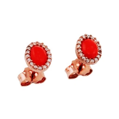 Orecchini a lobo argento 925 corallo rosso e zirconi bianchi gioiello elegante - Immagine 1 di 3