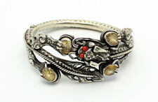 FINE ANTIQUE CHINESE SILVER DRAGON CITRINE & FAUX CORAL HINGED BRACELET