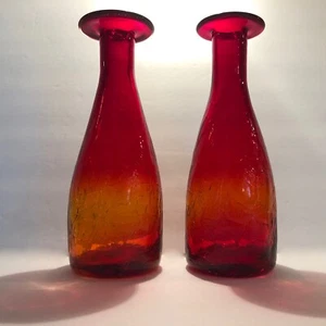 VINTAGE AMBERINA RUBY RED~CRACKLE GLASS~2 VASES~7-3/4"~MCM STUDIO HAND BLOWN - Picture 1 of 12