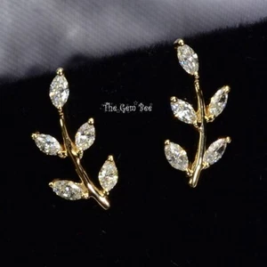 14k Yellow Gold Marquise Diamond Minimalist Olive Leaf Branch Ear Stud Post Pair - Picture 1 of 6