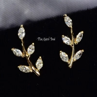 14k Yellow Gold Marquise Diamond Minimalist Olive Leaf Branch Ear Stud Post Pair - Image 1 of 4