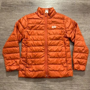 REI Coop Jacket Kids Medium 10-12 Orange Down Puffer Full Zip Outdoor Pocket - Picture 1 of 7